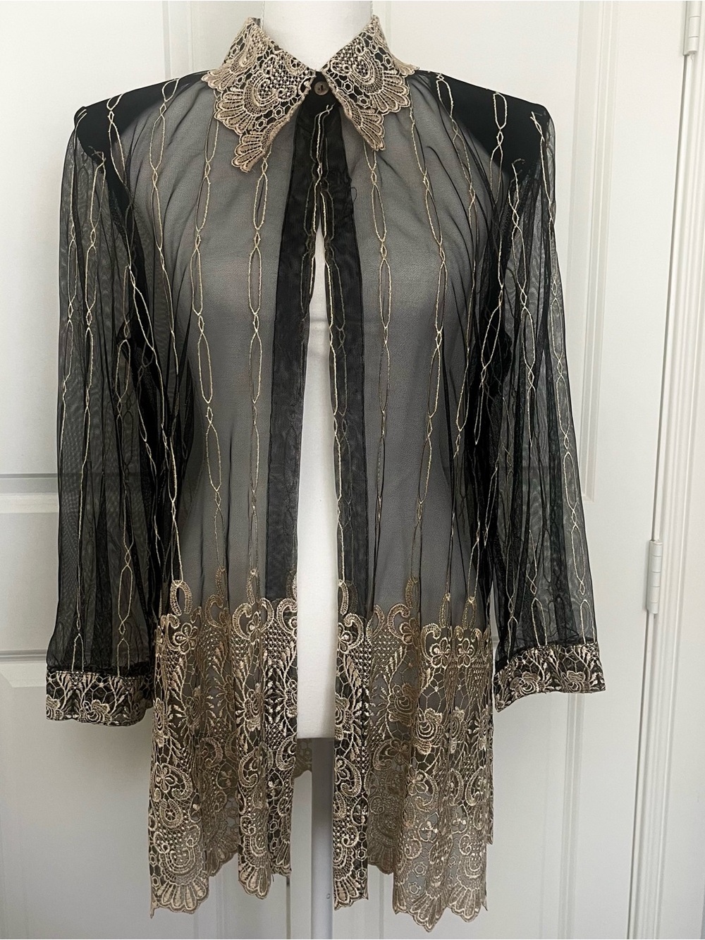 Connie Black Mesh Blouse with Gold Floral Embroidery - Vintage